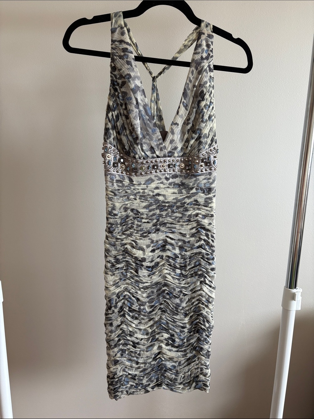 Y2K Silk Sleeveless V-Neck Dress in  Print with Embellished Waist